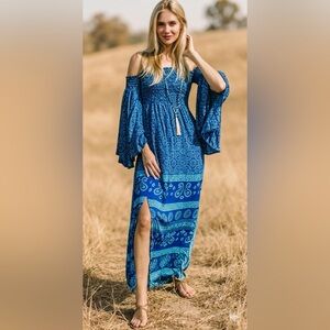 Karma Highway Blue Patterned Maxi Off the Shoulder Smocked Dress One Size